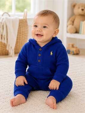 Ralph Lauren Baby Blue Waffle Knit Hooded Romper 3M Pony Logo Cotton